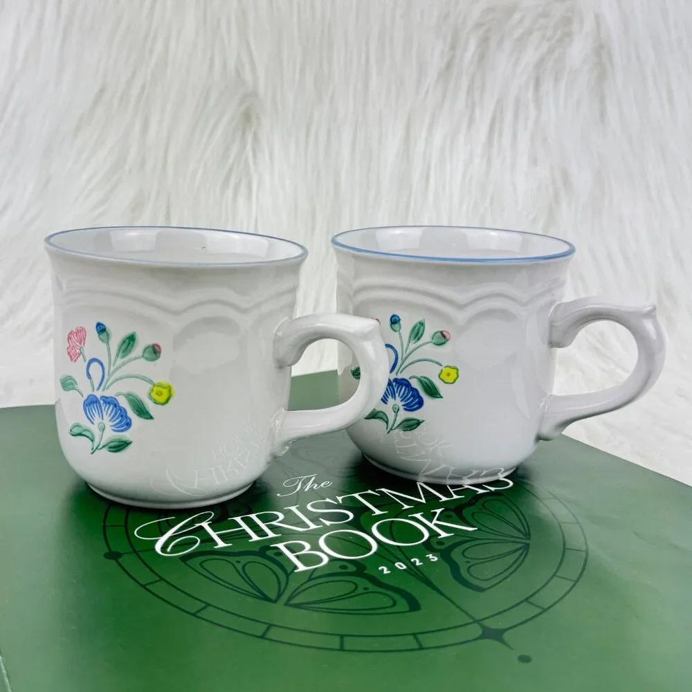 Set of 2 Vintage Floral Expressions Stoneware Coffee Mugs Tea Cups Japan Flower